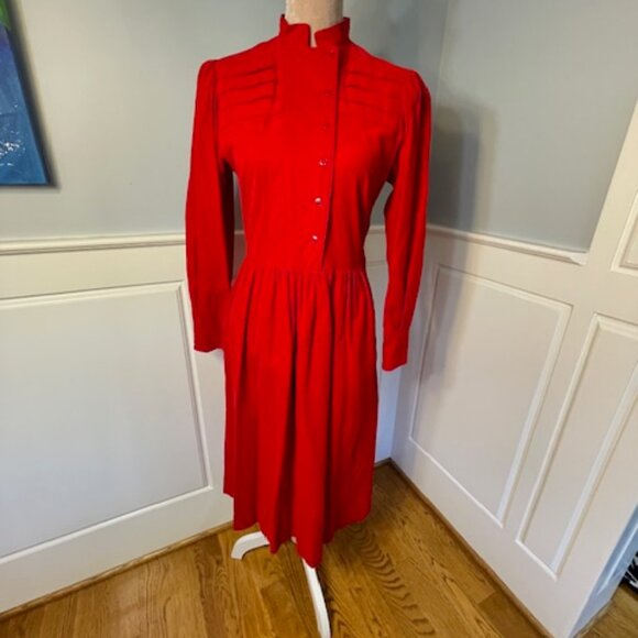 Vintage 80's Lanz Originals Cottagcore Red Corduroy Bib Front Midi Dress Small - Picture 10 of 10